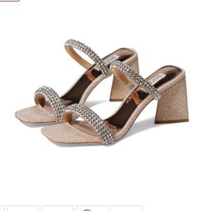 Badgley Mischka Frankie Bejeweled Block Heel Slide in Pale Gold